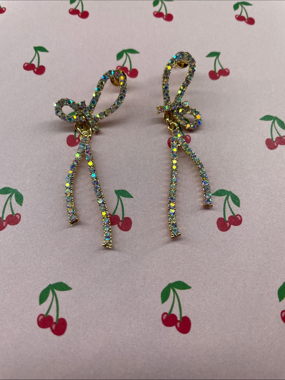 Gold Bow Drop Earrings with Iridescent Crystals - Women Jewelry